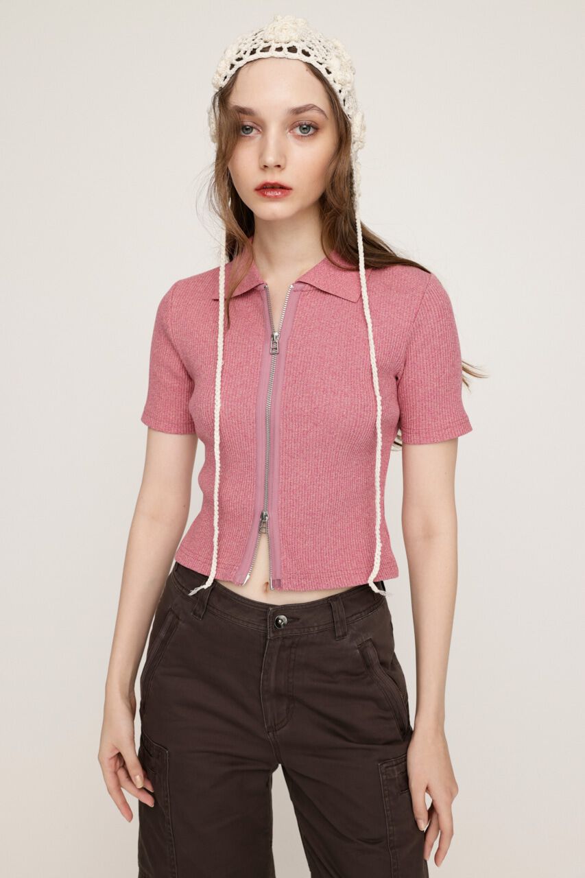 SLY「FRONT ZIP CUT RIB トップス」|Tシャツ・カットソー|M/PNK7