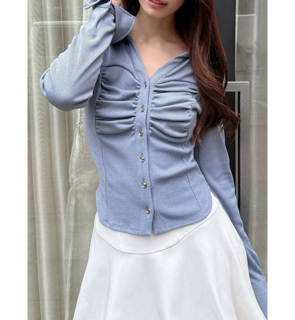 RESEXXY「フロントギャザーリブトップス」|Tシャツ・カットソー|ブルー