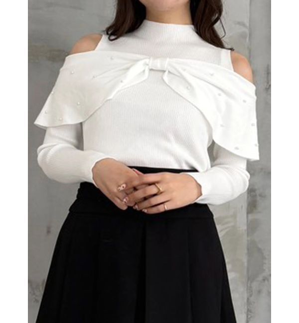 MERCURYDUO「オフショルリボンパールニット」|ニット・セーター|オフホワイト