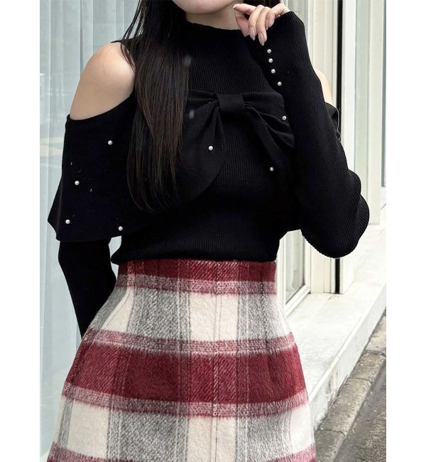 MERCURYDUO「オフショルリボンパールニット」|ニット・セーター|ブラック