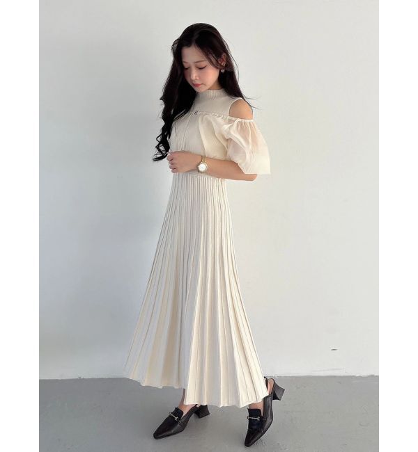 MERCURYDUO「異素材ドッキングプリーツフレアニットワンピース」|ワンピース|