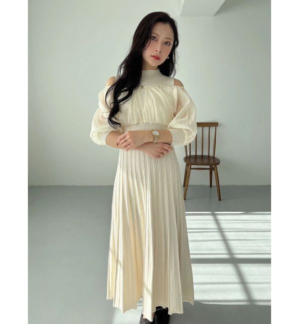MERCURYDUO「異素材ドッキングプリーツフレアニットワンピース」|ワンピース|