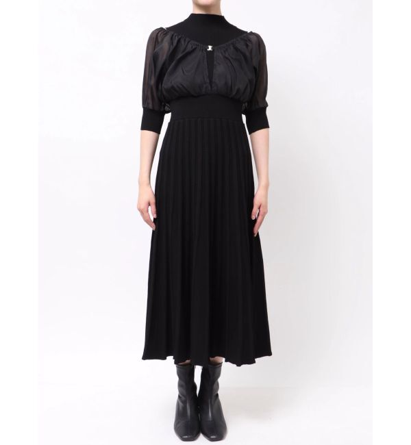 MERCURYDUO「異素材ドッキングプリーツフレアニットワンピース」|ワンピース|