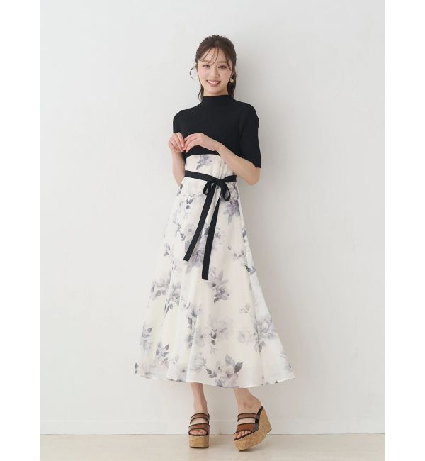 MERCURYDUO「花柄ドッキングハーフスリーブワンピース」|ワンピース|ブラック