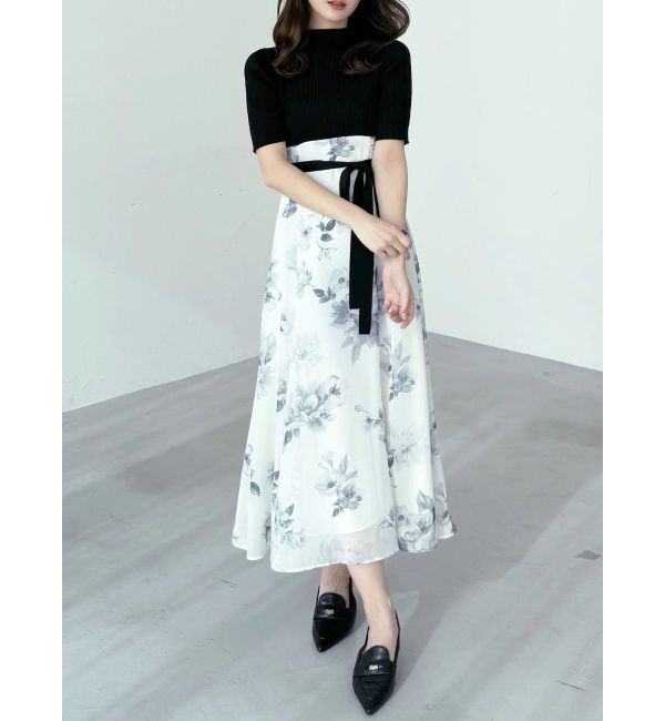 MERCURYDUO「花柄ドッキングハーフスリーブワンピース」|ワンピース|