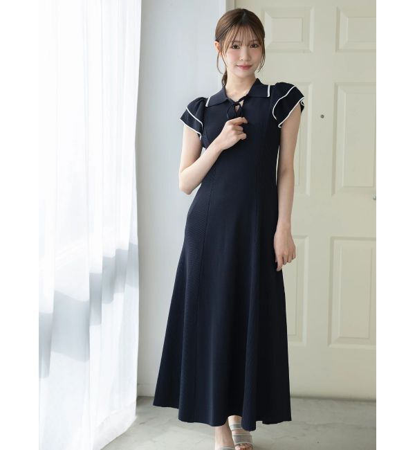 MERCURYDUO「ポロ衿ラッフルニットワンピース」|ワンピース|ネイビー