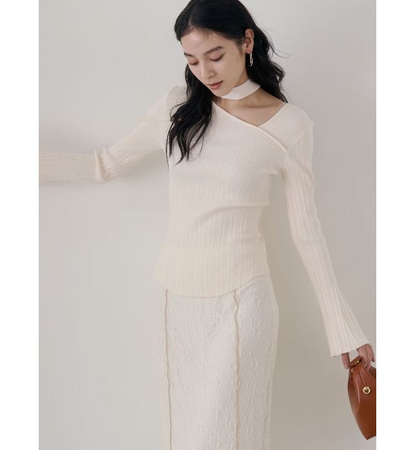 LAGUNAMOON「ボウタイアシンメトリーネックニットプルオーバー」|ニット・セーター|