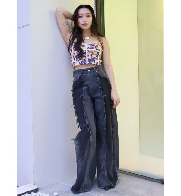 EVRIS「フリンジデザインボリュームワイドデニムパンツ」|デニム|