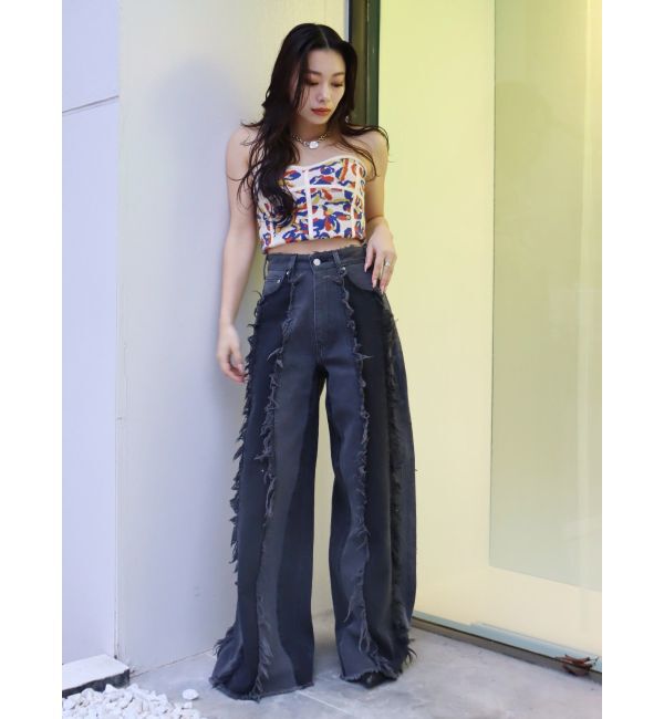 EVRIS「フリンジデザインボリュームワイドデニムパンツ」|デニム|