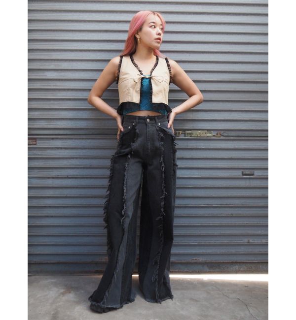 EVRIS「フリンジデザインボリュームワイドデニムパンツ」|デニム|