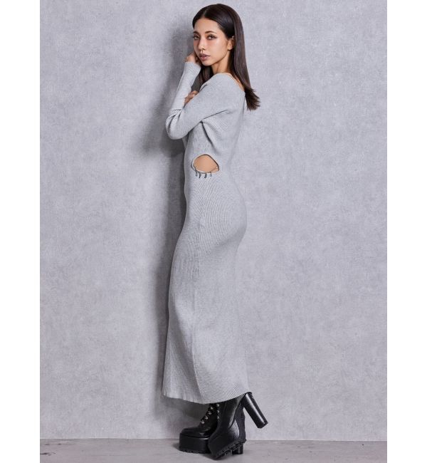 GYDA「GYDA chain SIDE OPENロングフレアニットワンピース」|ワンピース|グレー