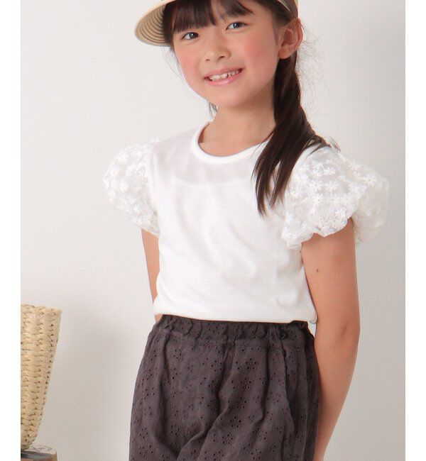 ikka kids「フラワー柄チュールパフスリーブTシャツ（120~160cm）」|Tシャツ・カットソー|