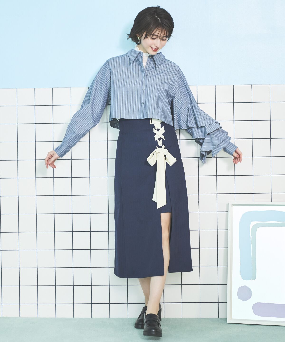 アンドクチュール「サイドレースアップリボンスリットスカート」|タイト|