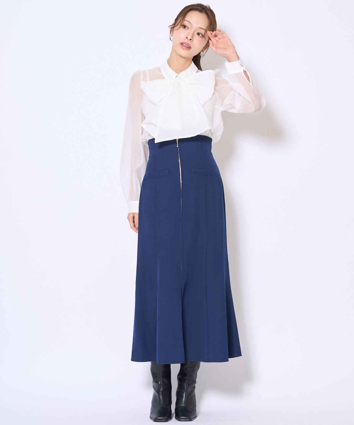 アンドクチュール「フロントZIPマーメイドスカート」|フレア|ダークブルー