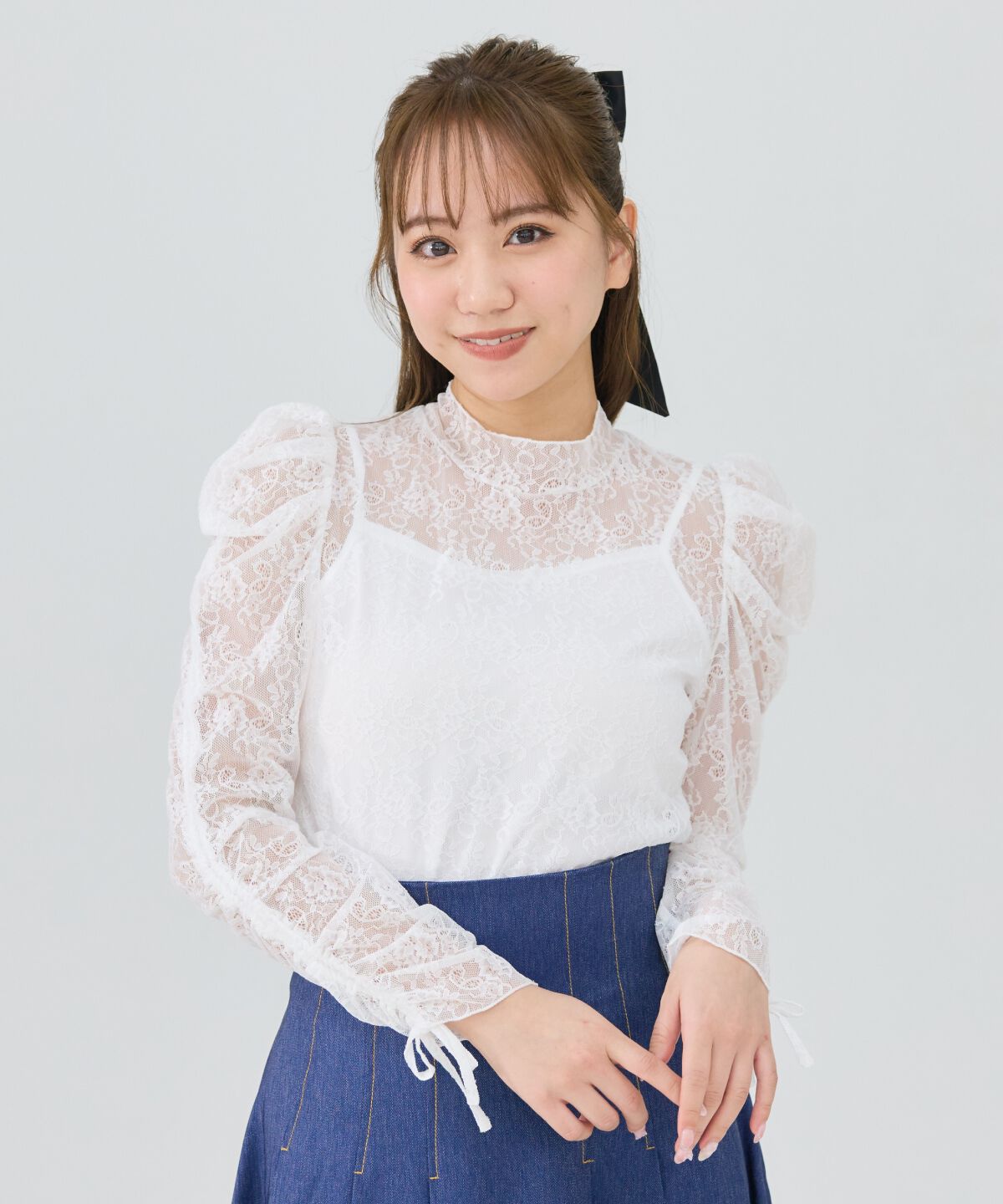 REDYAZEL「シャーリングスリーブレースブラウス」|Tシャツ・カットソー|白系ｼﾞｬｶﾞｰﾄﾞ