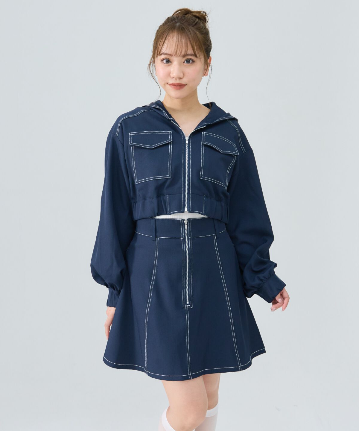 REDYAZEL「バイカラーステッチフレアミニスカート」|フレア|ネイビー