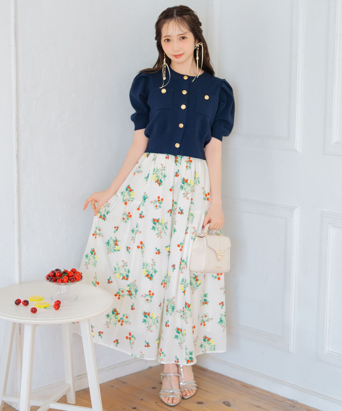 WILLSELECTION「フルーツプリントギャザー切替スカート」|フレア|オフ