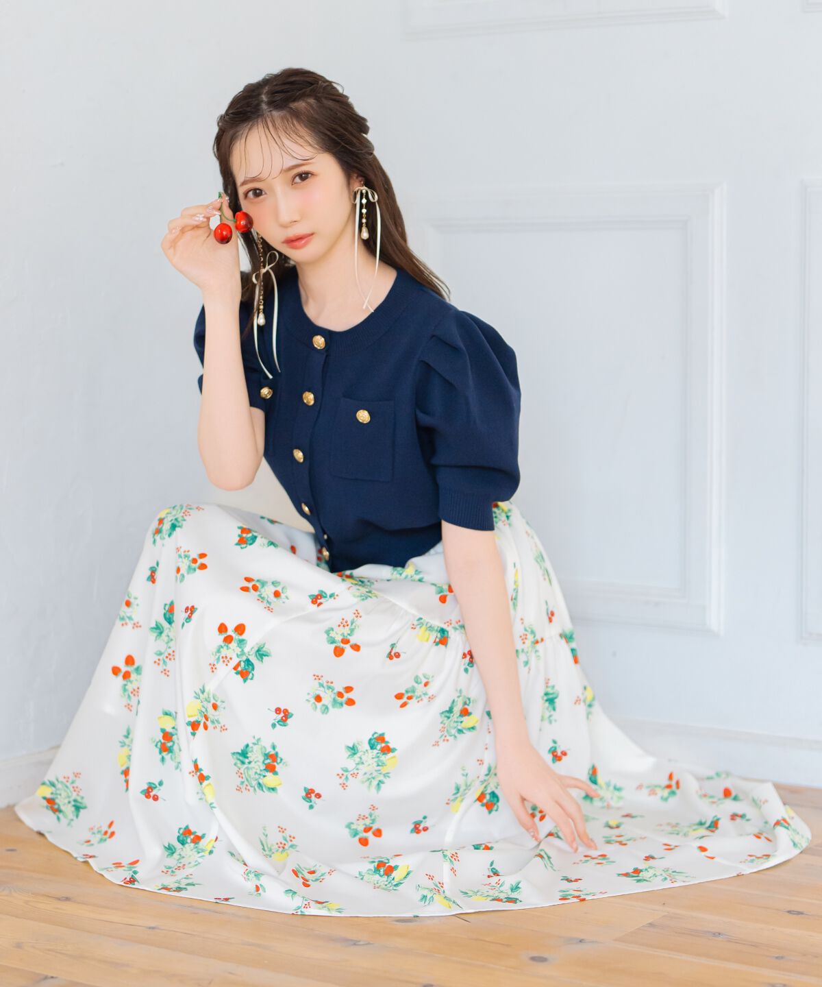 WILLSELECTION「フルーツプリントギャザー切替スカート」|フレア|