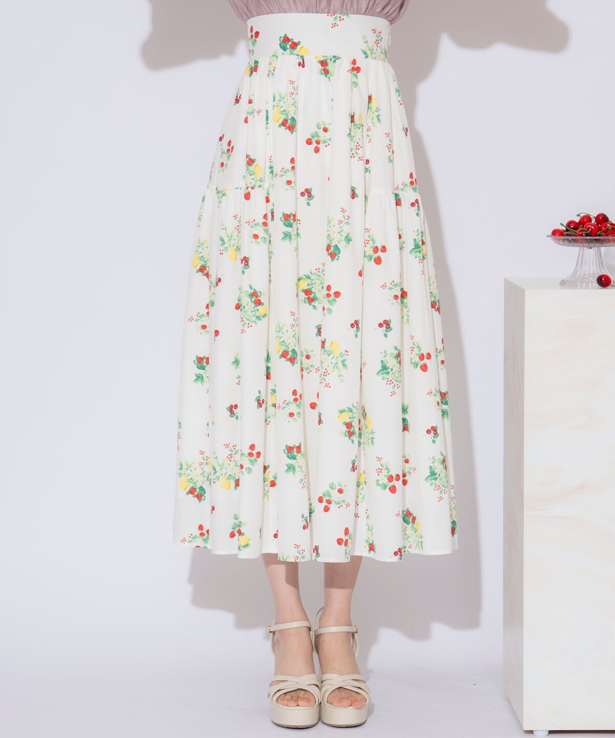 WILLSELECTION「フルーツプリントギャザー切替スカート」|フレア|