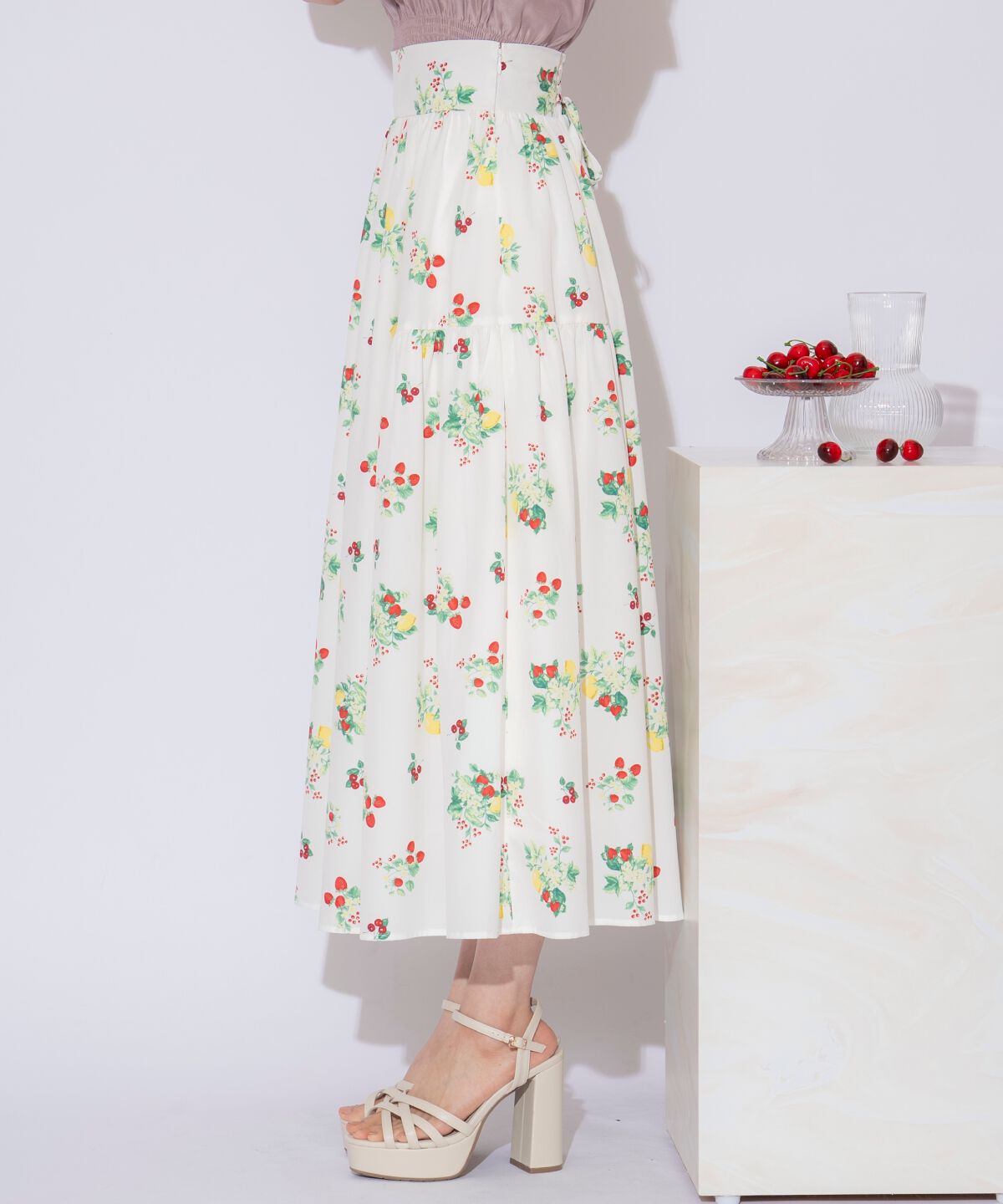 WILLSELECTION「フルーツプリントギャザー切替スカート」|フレア|