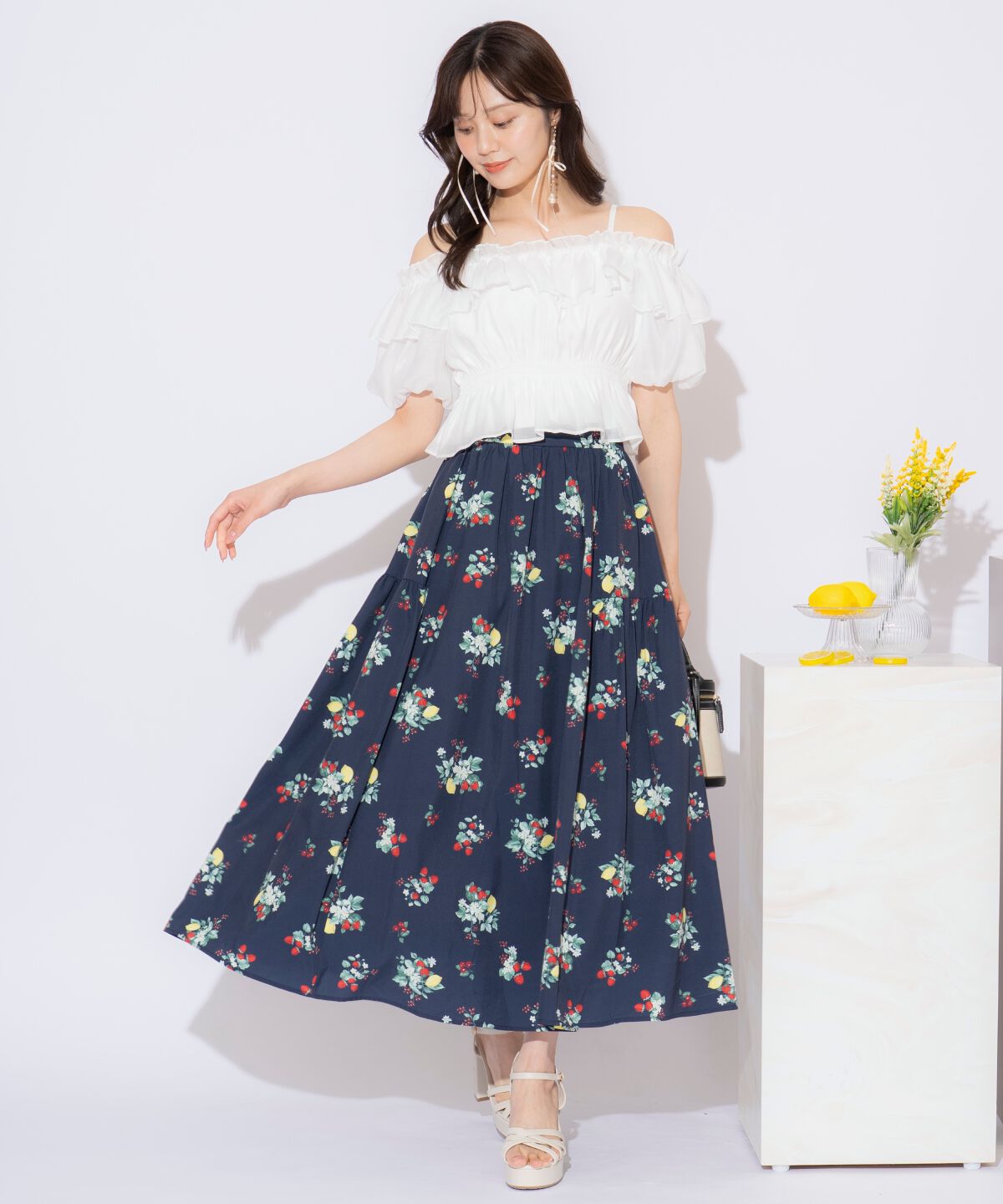 WILLSELECTION「フルーツプリントギャザー切替スカート」|フレア|