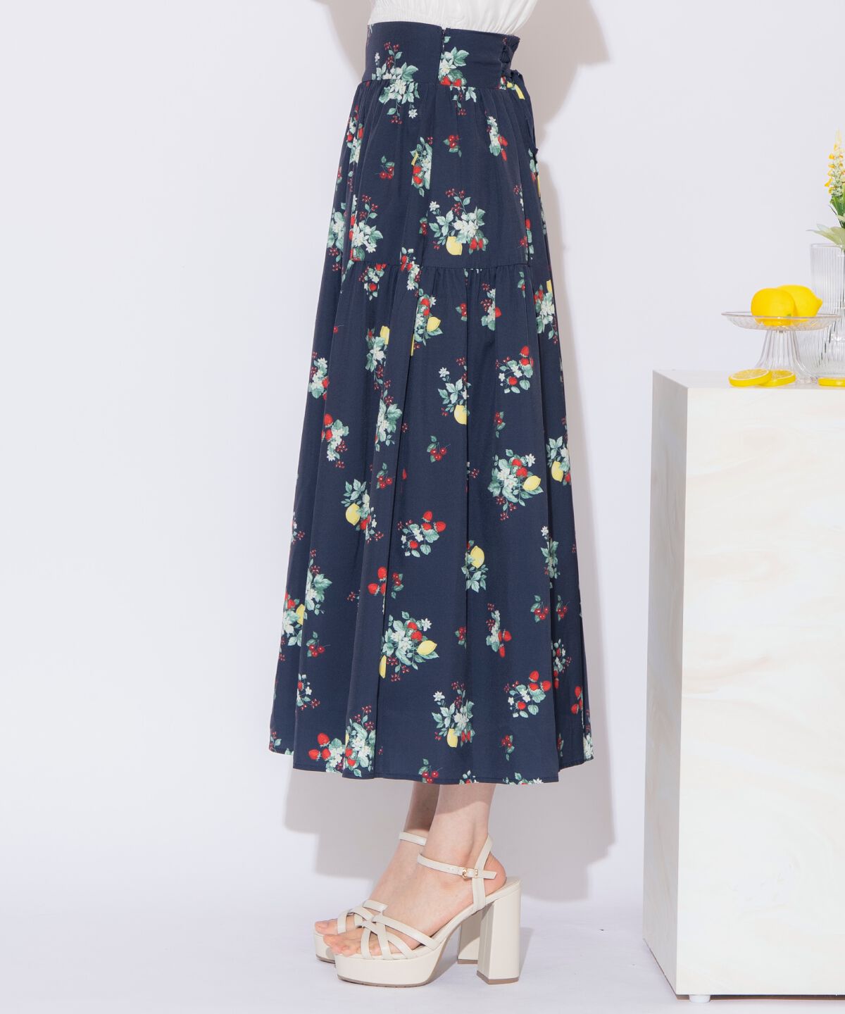 WILLSELECTION「フルーツプリントギャザー切替スカート」|フレア|