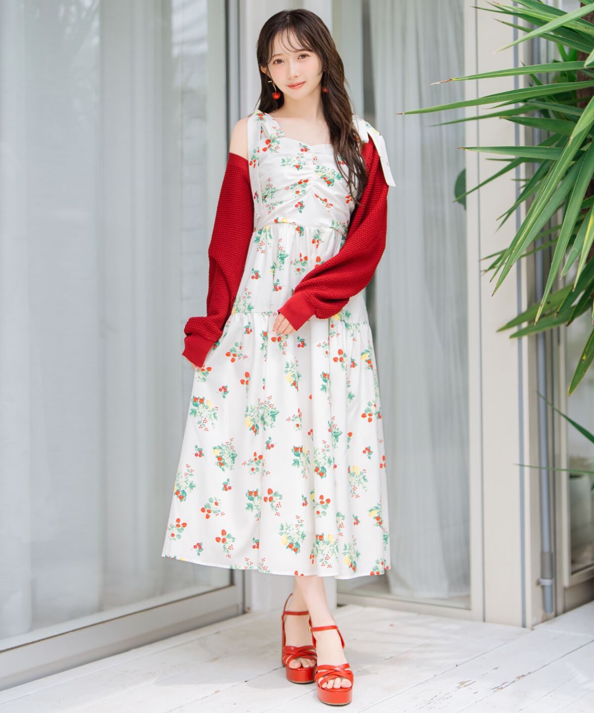 WILLSELECTION「リボンショルダーフルーツプリントワンピース」|ワンピース|