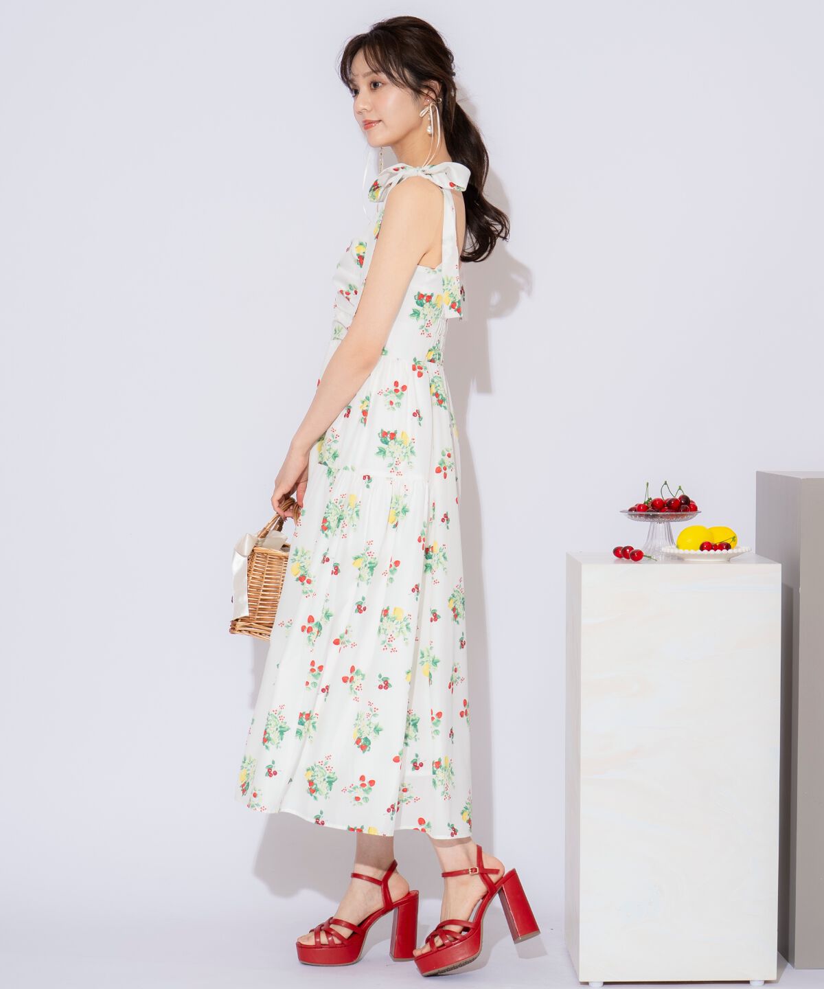 WILLSELECTION「リボンショルダーフルーツプリントワンピース」|ワンピース|