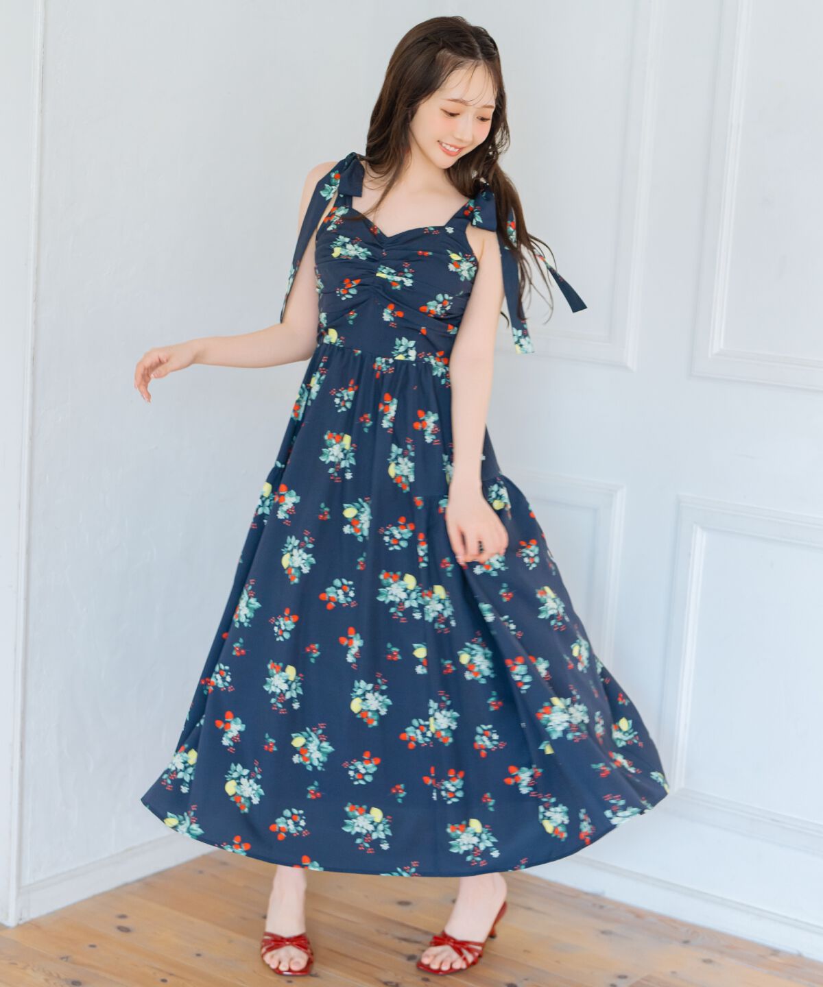 WILLSELECTION「リボンショルダーフルーツプリントワンピース」|ワンピース|