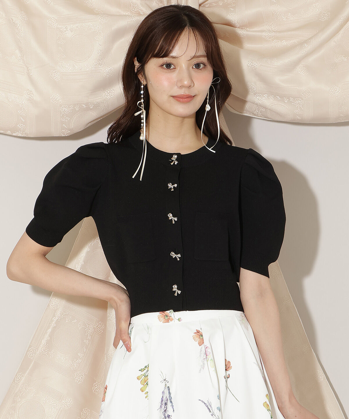 WILLSELECTION「ビジューリボンタックスリーブカーディガン」|カーディガン|