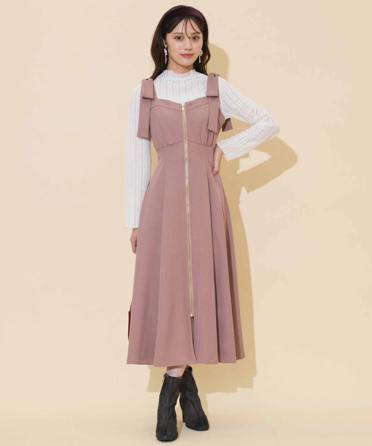 WILLSELECTION「ショルダーリボンフロントZIPワンピース」|ワンピース|ピンク