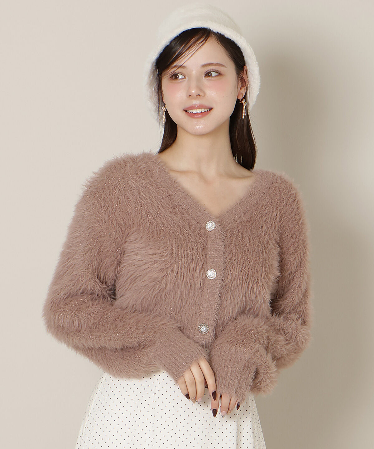 WILLSELECTION「Vネックラメフェザーカーディガン」|カーディガン|茶系幾何､ﾊﾟﾈﾙ柄