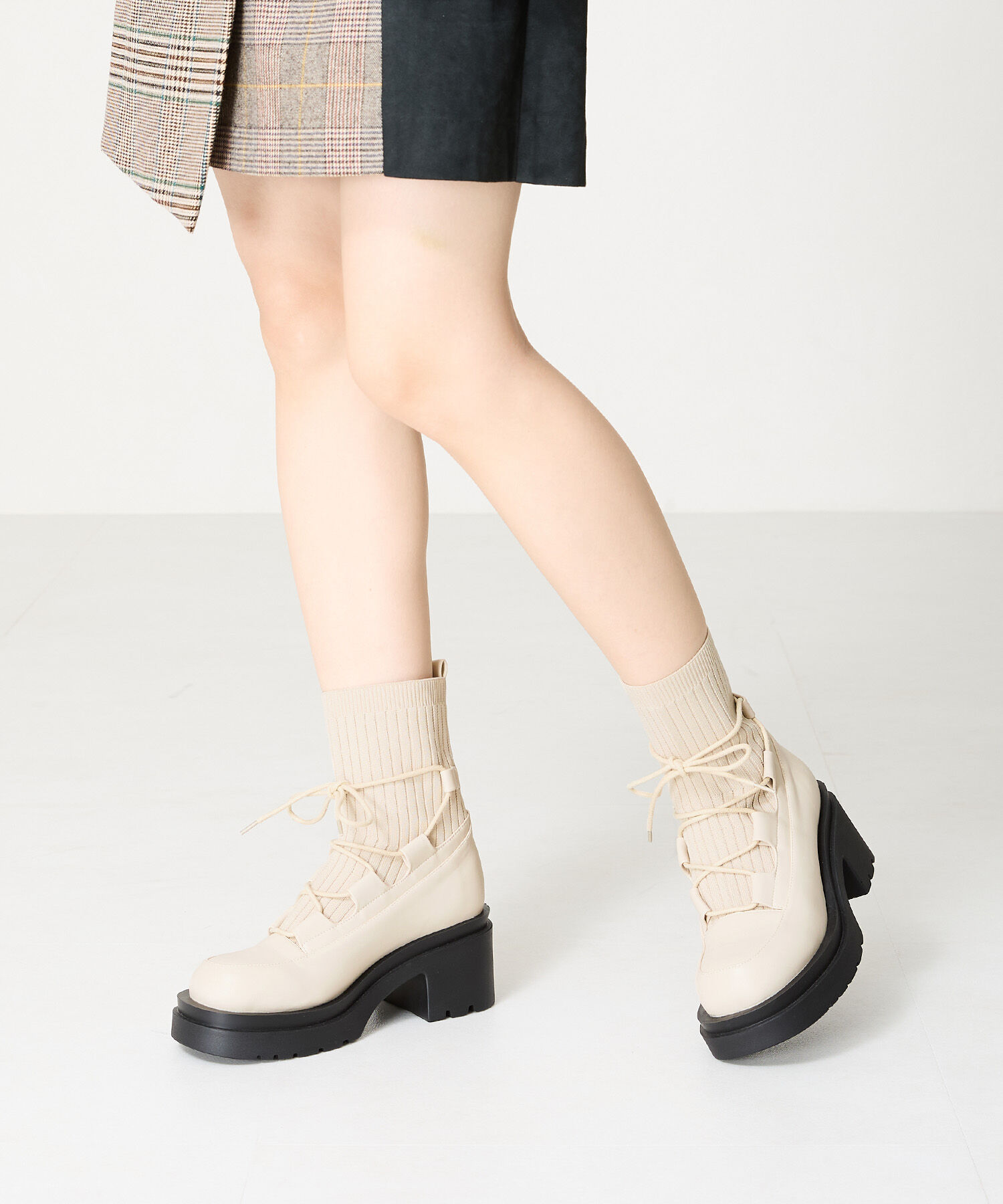 ORiental TRaffic「ニット ドッキング レースアップ ブーツ /41402」|ショートブーツ|