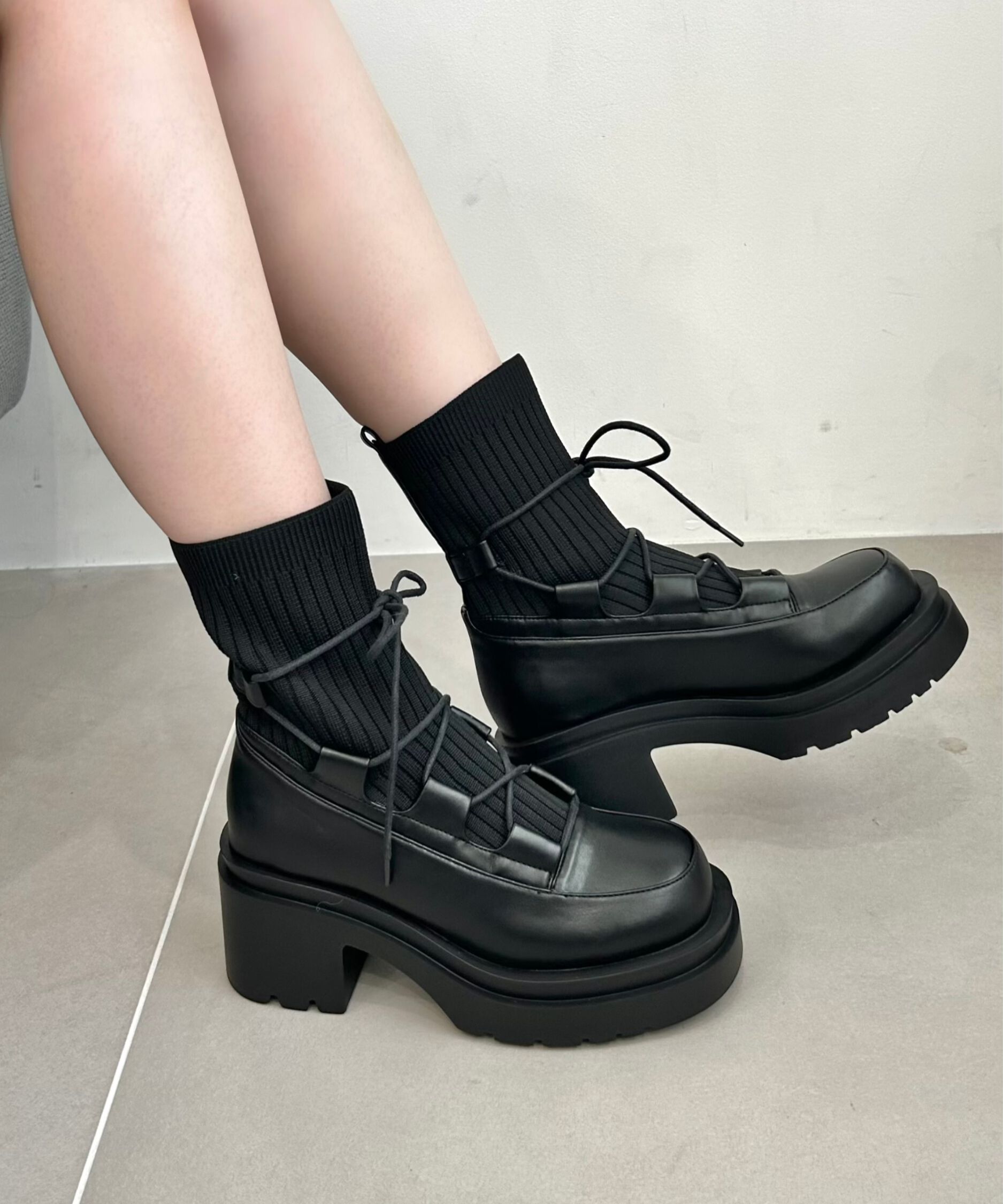 ORiental TRaffic「ニット ドッキング レースアップ ブーツ /41402」|ショートブーツ|BLACK