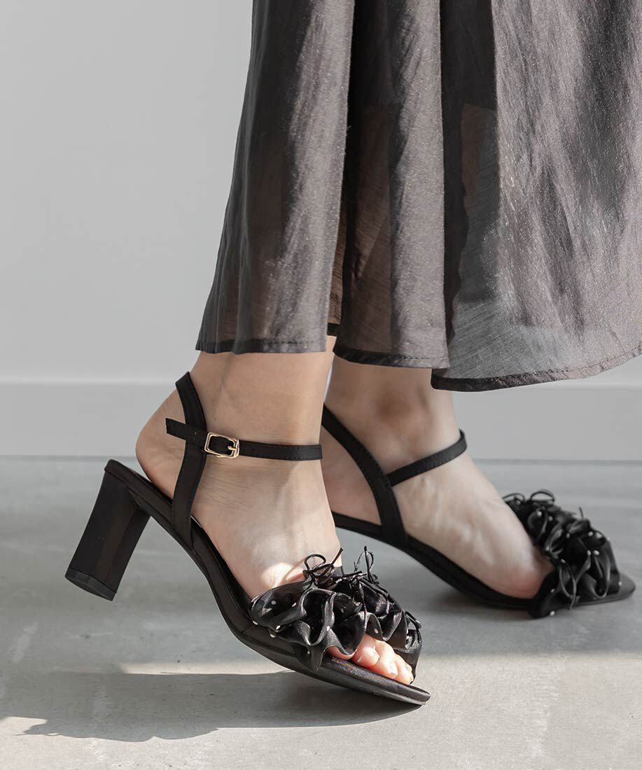  「ミニリボンフリルヒールサンダル」|サンダル|