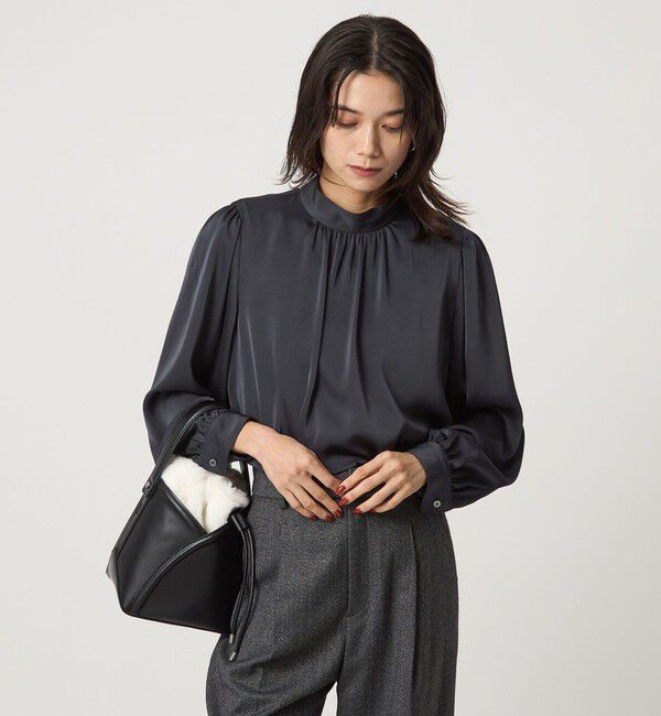 UNITED ARROWS green label relaxing「サテン スタンドネック ギャザー ブラウス」|シャツ・ブラウス|NAVY