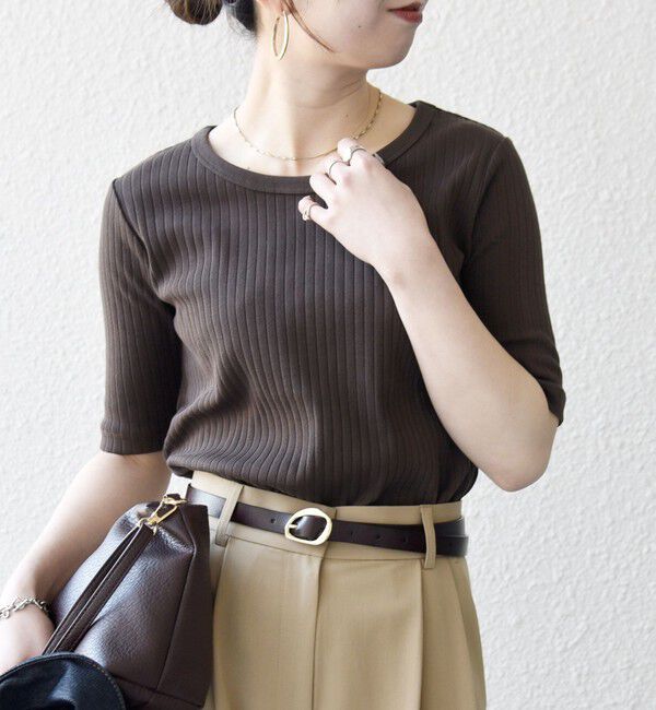 SHIPS any「《一部追加予約》SHIPS any:〈洗濯機可能〉テレコ リブ ハーフスリーブ TEE」|Tシャツ・カットソー|ダークブラウン