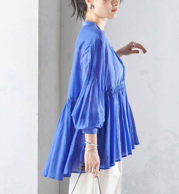 SHIPS for women「〈手洗い可能〉コットン シルク ギャザー ブラウス」|シャツ・ブラウス|ブルー系