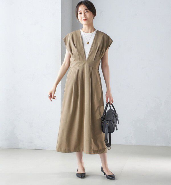 SHIPS for women「〈手洗い可能〉梳毛調 深V ノースリーブ ワンピース」|ワンピース|