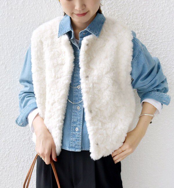 SHIPS for women「ランダム ファー ショート ジレ」|ベスト・ジレ|オフホワイト