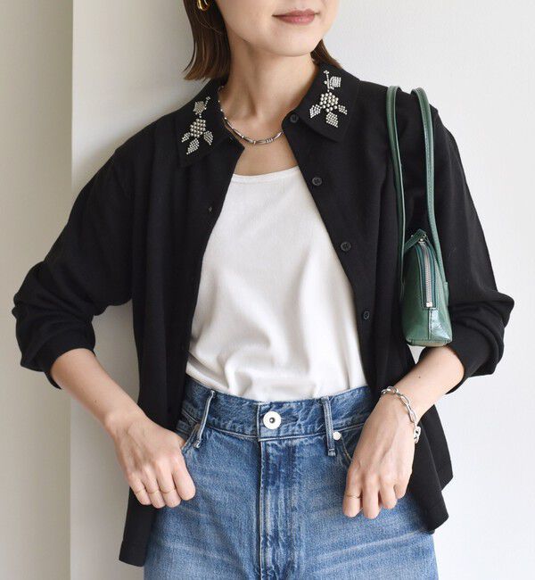 SHIPS for women「【WEB限定】〈手洗い可能〉ビーズ 刺しゅう 襟付 ニット カーディガン」|カーディガン|ブラック