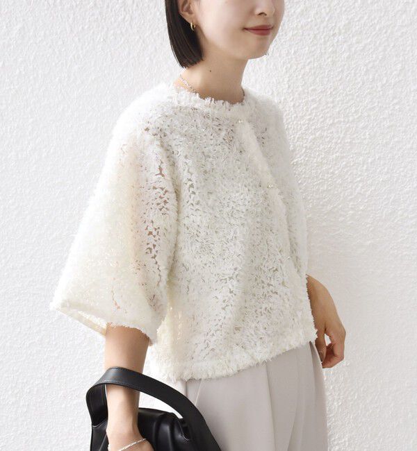 SHIPS for women「little black:〈手洗い可能〉パール 釦 フリル チュール 半袖 ブラウス」|シャツ・ブラウス|