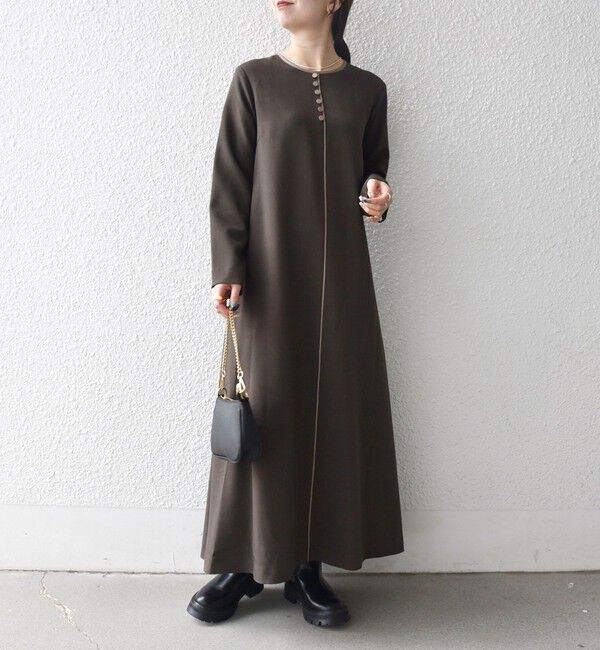 SHIPS any「SHIPS any: ウーステッド パイピング ボタン ロングスリーブ フレア ワンピース」|ワンピース|ブラウン