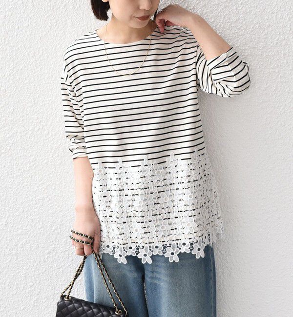 SHIPS Colors 「SHIPS Colors:〈手洗い可能〉ポンチ レース コンビ ボーダートップス」|Tシャツ・カットソー|
