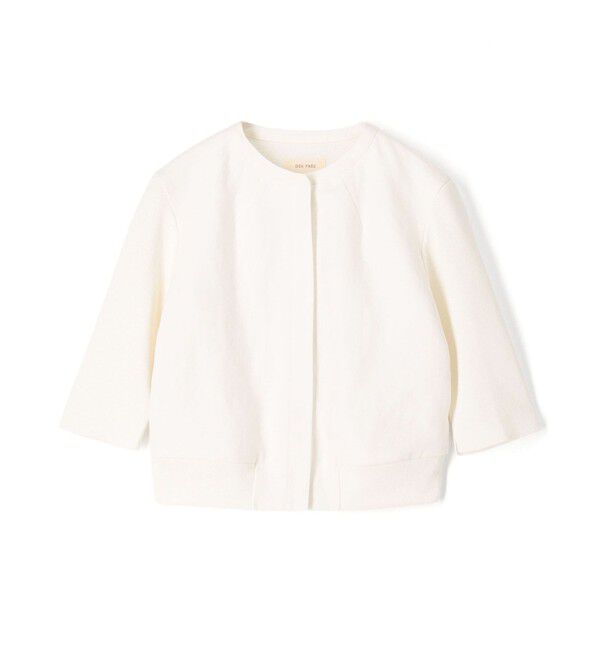DES PRES「リネンファブリックコンビ ショートニットジャケット」|ノーカラージャケット|11 ホワイト