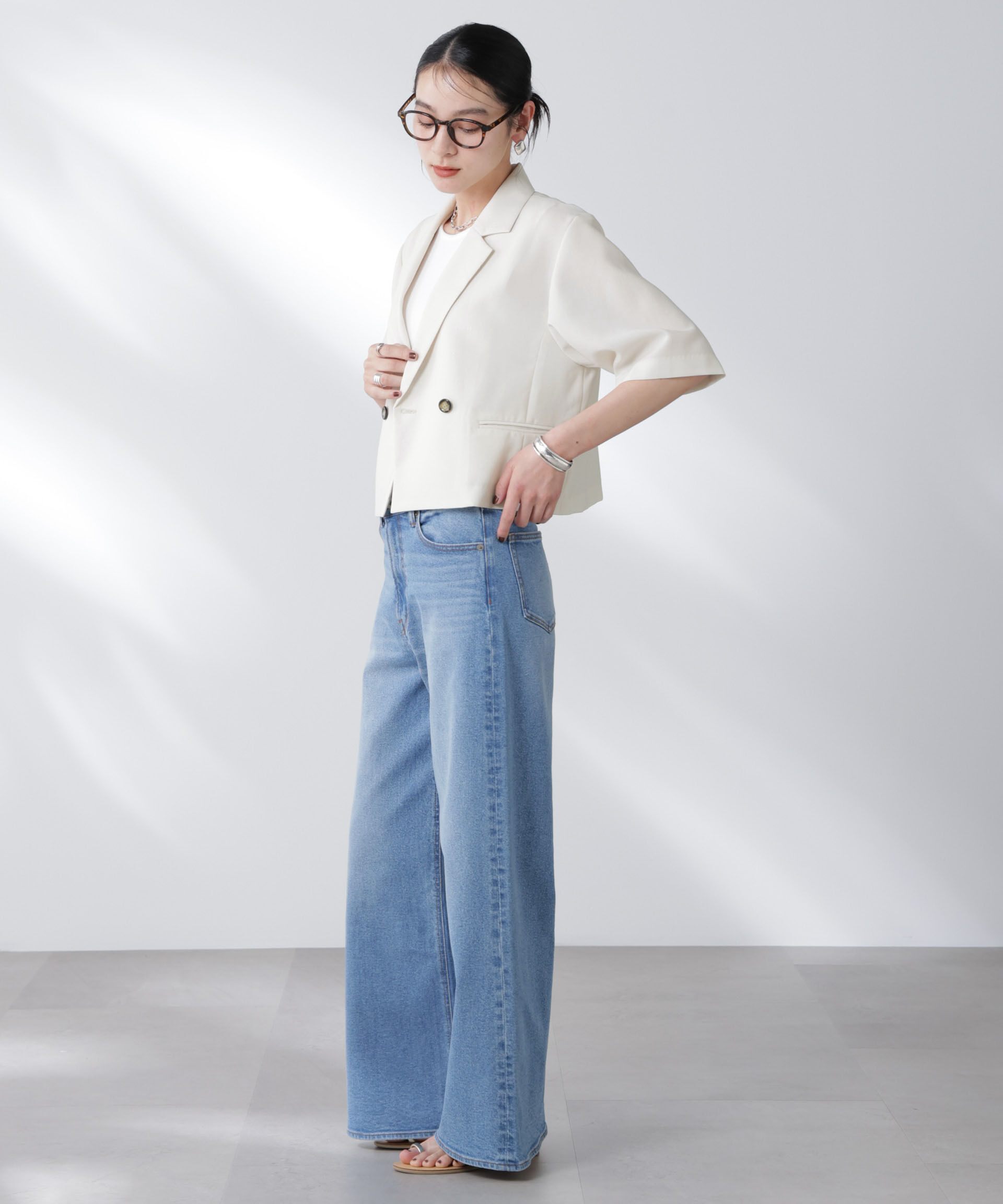 nano･universe「メランジドライ 半袖ショートダブルジャケット(セットアップ可)」|テーラードジャケット|