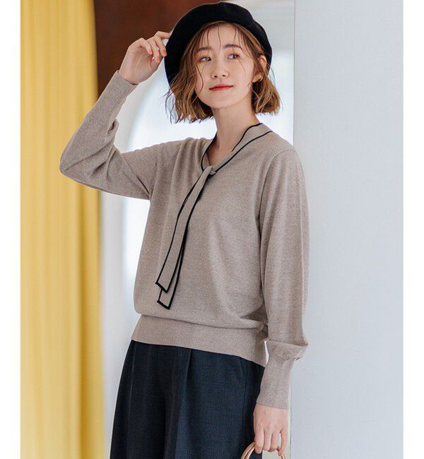 23区「【洗える】ウーステッドウール ボウタイ ニット」|ニット・セーター|ベージュ系