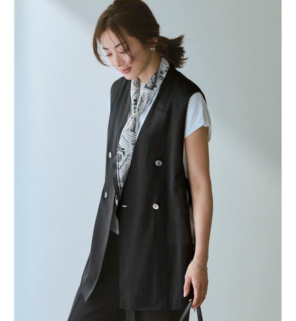 23区「ライトシアーマットクロス ノーカラー ジレ」|その他|ブラック系