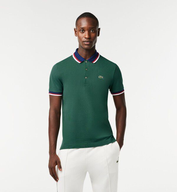 LACOSTE「配色ボーダーリブニット鹿の子地ポロシャツ」|ポロシャツ|グリーン