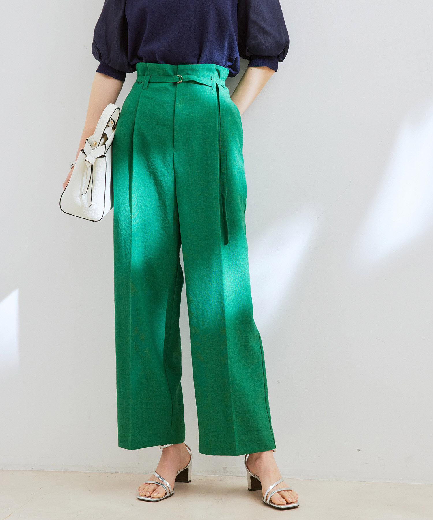 VIS「【接触冷感・洗える】美easy Dカンベルト付きワイドパンツ【セットアップ対応】」|スラックス|グリーン系(35)